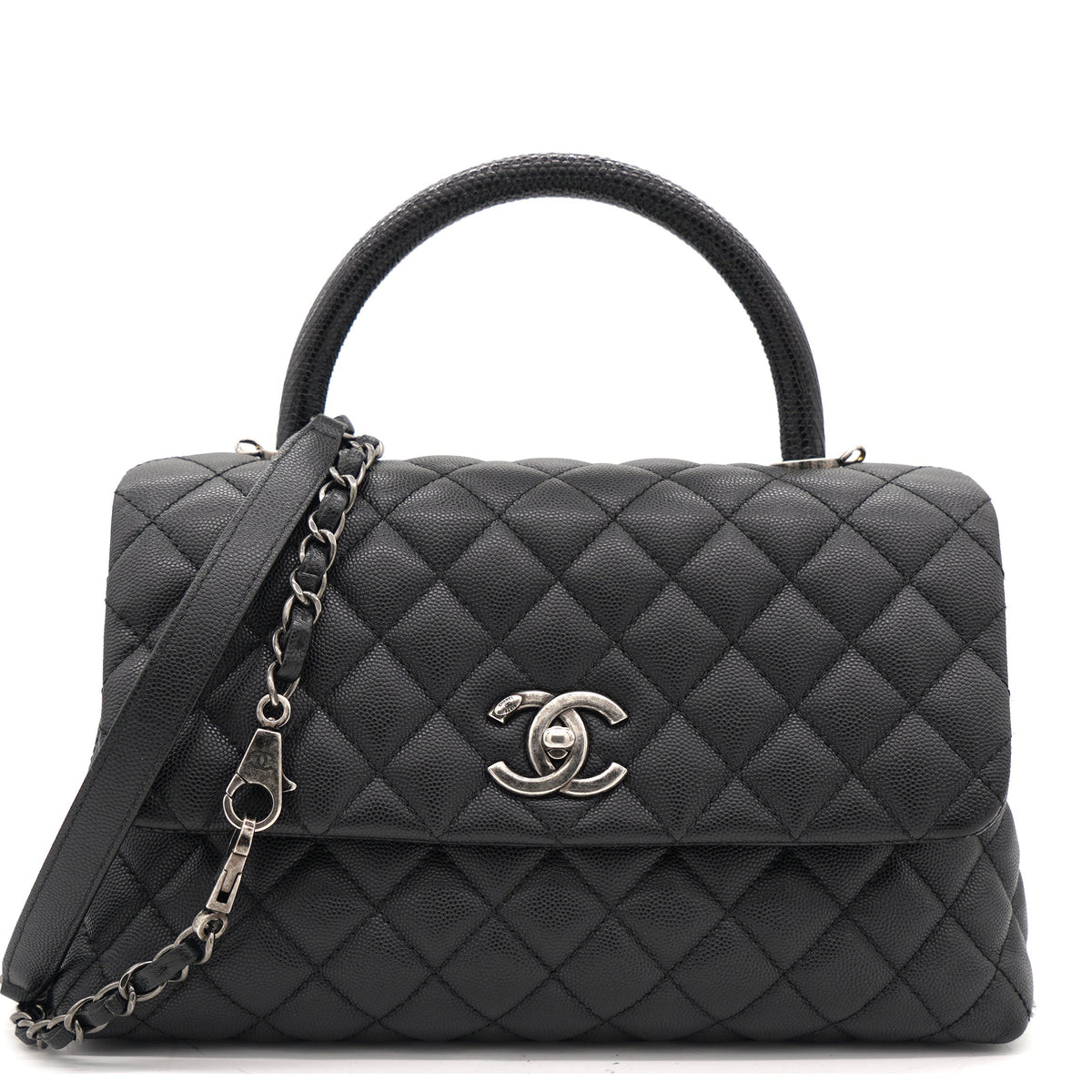 Black Caviar Leather Medium Coco Top Handle Bag