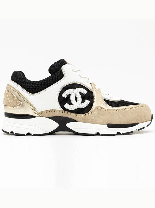 CC Logo Calfskin Fabric Low-Top Sneakers Beige Gold Chanel