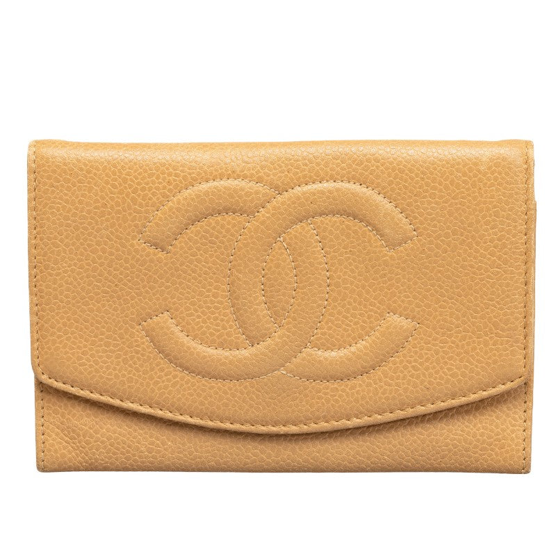 CHANEL two folded wallet cabia skin beige ladies and gentlemen