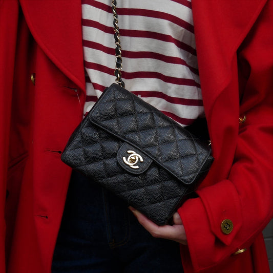 CHANEL 2003-2004 Classic Square Flap 17 Black Caviar 61688
