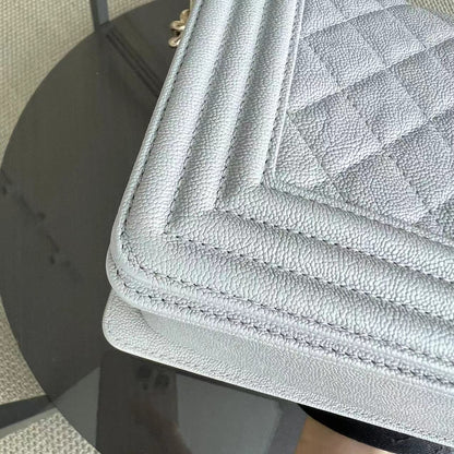 Caviar Boy Old Medium 25CM Quilted Grained Calfskin Light Grey Gray Golden Hardware Series 28