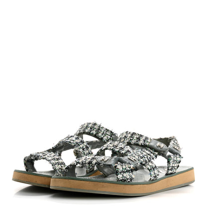 Tweed Sequin Crystal CC Sandals 40 Blue Multicolor