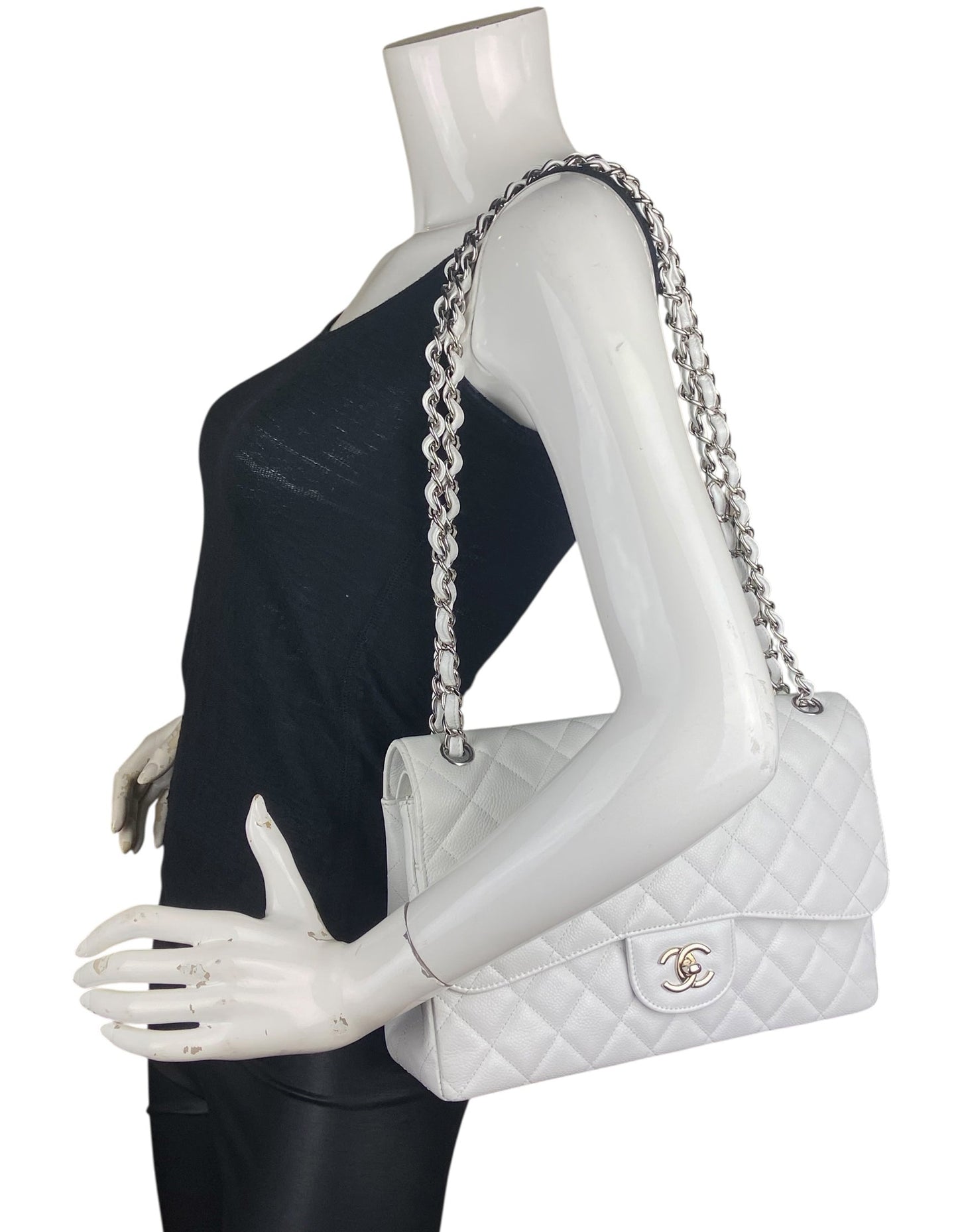 Chanel White Caviar Leather Single Flap Jumbo Bag