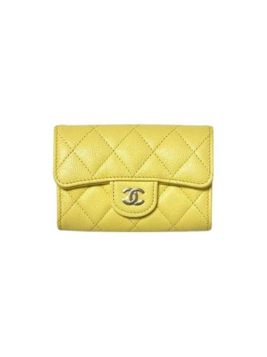 Classic Gold Logo Grained Shiny Calfskin Card Wallet Yellow Chanel