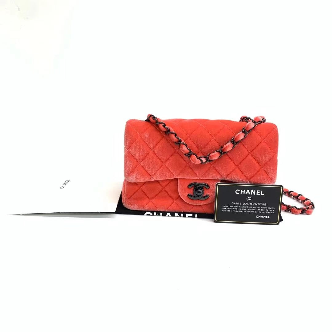 Chanel Classic Flap Mini Coral Pink Velvet Black Hardware, 2014-2015