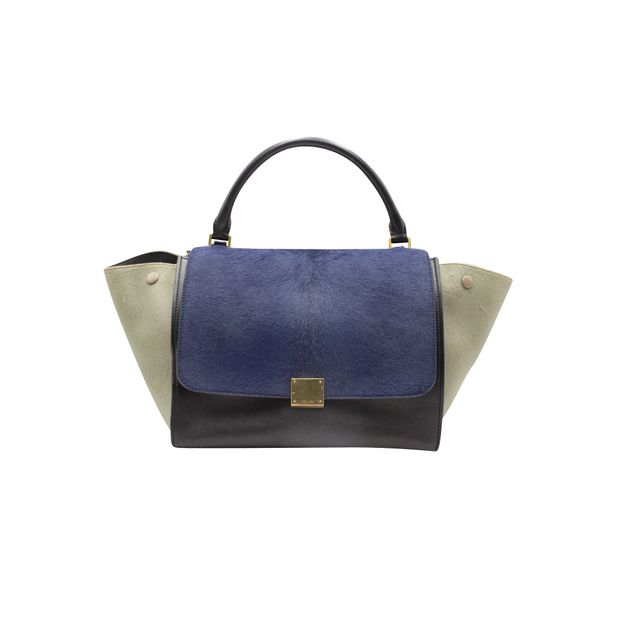 Celine Dark Blue/ Black/ Khaki Trapeze Bag In Calf Hair