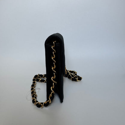 Chanel Vintage Square Wallet on Chain Black Silk Gold Hardware Crossbody Bag, 1986-1988