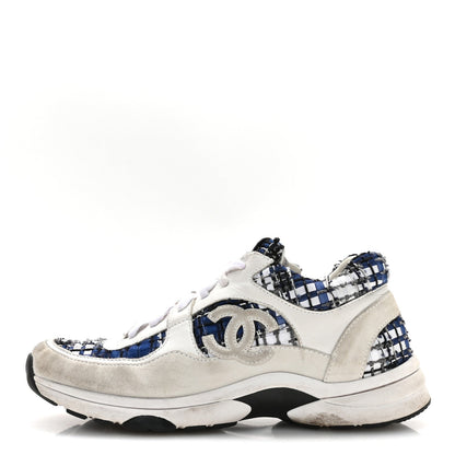 Tweed Suede Calfskin Womens CC Sneakers 39.5 Dark Blue Black Grey White