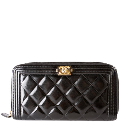 Chanel Boy Zip Around Wallet Quilted Patent 22M
