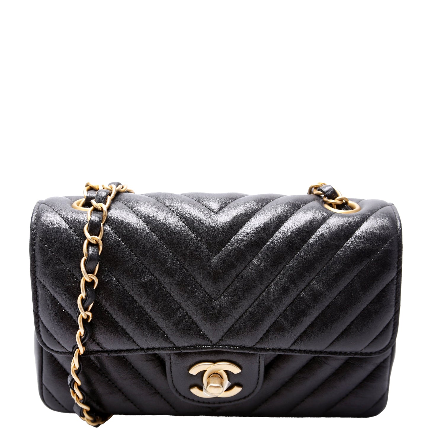 Classic Flap Mini Rectangle Chevron Iridescent Calfskin 26M Charcoal