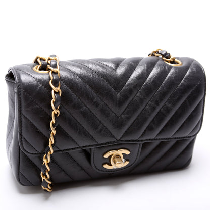 Classic Flap Mini Rectangle Chevron Iridescent Calfskin 26M Charcoal