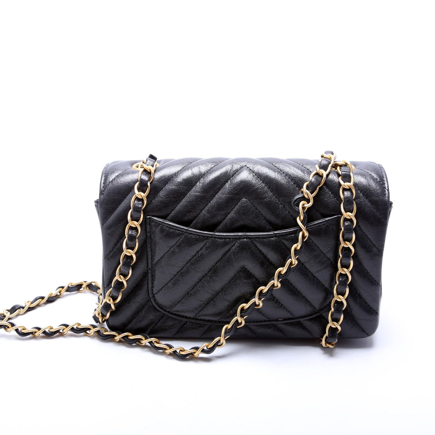 Classic Flap Mini Rectangle Chevron Iridescent Calfskin 26M Charcoal