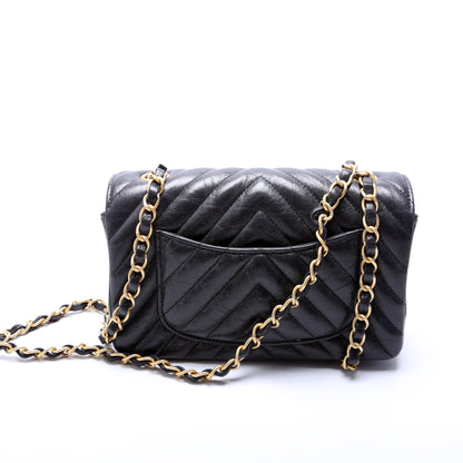 Classic Flap Mini Rectangle Chevron Iridescent Calfskin 26M Charcoal