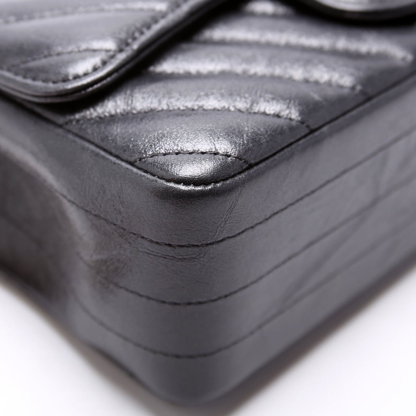 Classic Flap Mini Rectangle Chevron Iridescent Calfskin 26M Charcoal