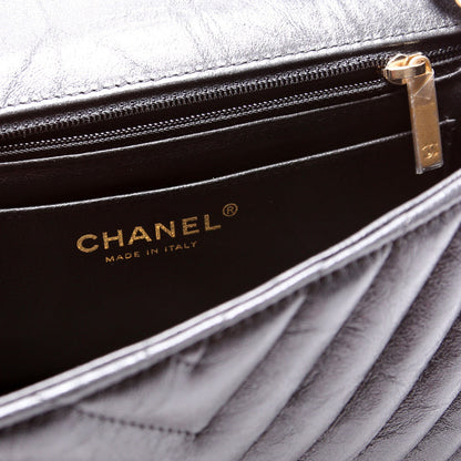 Classic Flap Mini Rectangle Chevron Iridescent Calfskin 26M Charcoal