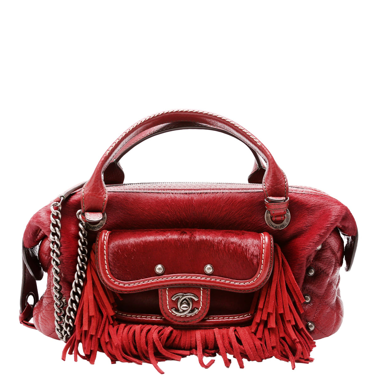 Paris Dallas Pony Hair/Leather Fringe Bowling Bag Burgundy