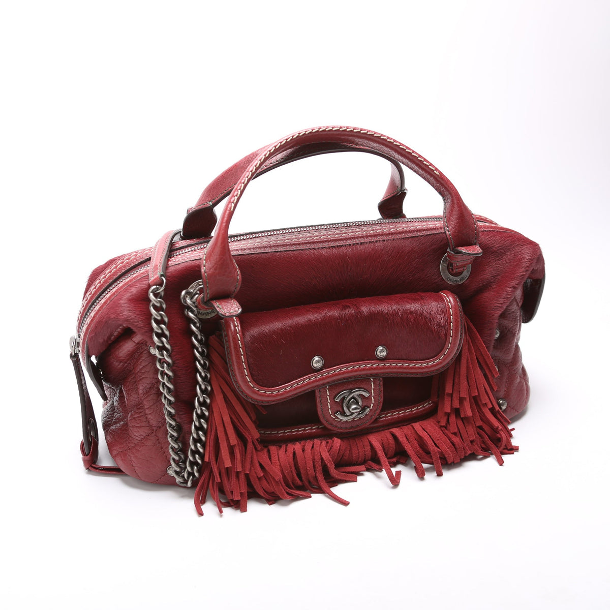 Paris Dallas Pony Hair/Leather Fringe Bowling Bag Burgundy