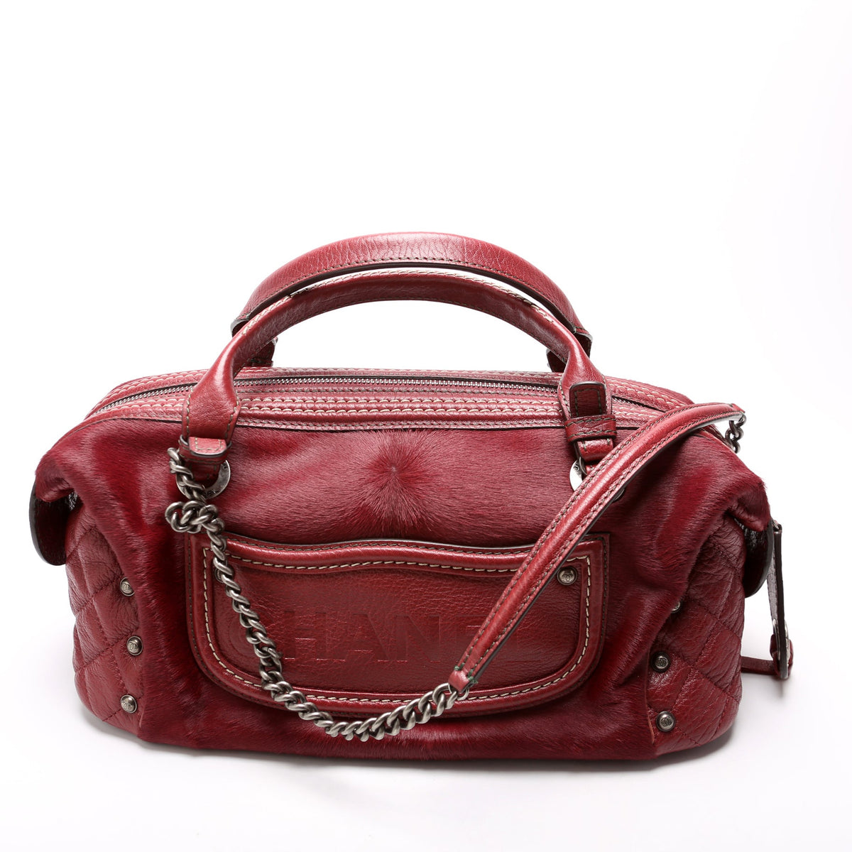 Paris Dallas Pony Hair/Leather Fringe Bowling Bag Burgundy
