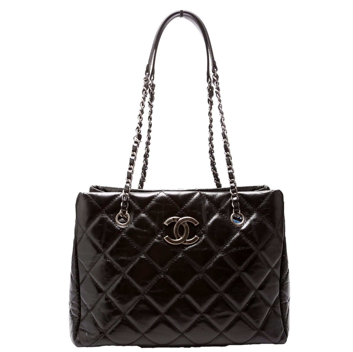 CC Chain Small Shopping Tote Glazed Calfskin 20M Black