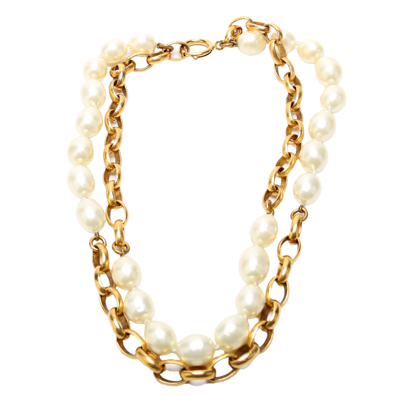 Chanel Faux Pearl/Chain 2-Row Vintage Necklace Gold/Pearl