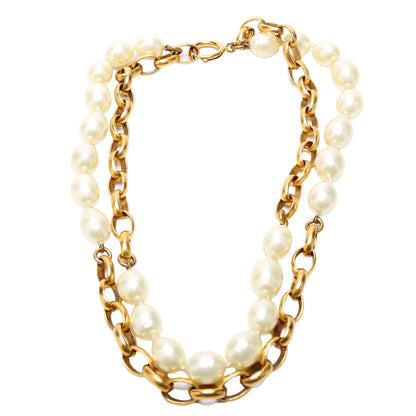 Chanel Faux Pearl/Chain 2-Row Vintage Necklace Gold/Pearl