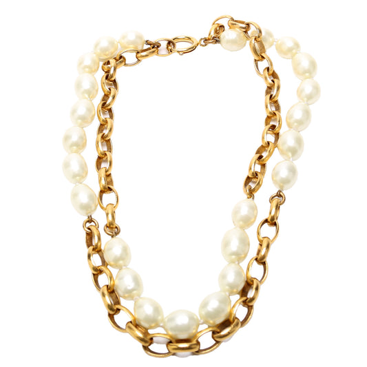 Chanel Faux Pearl/Chain 2-Row Vintage Necklace Gold/Pearl