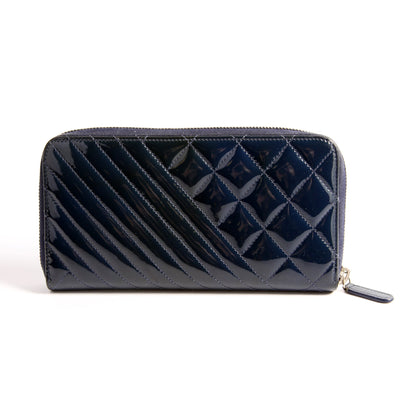 Chanel Coco Boy Patenet Zip Around Wallet Navy