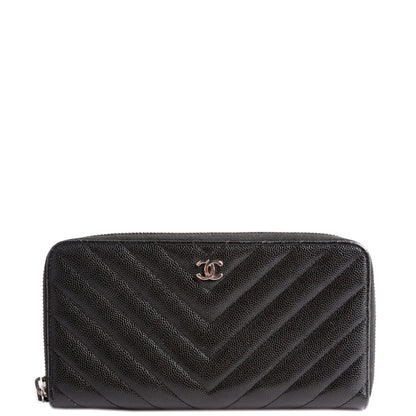 Chanel Chevron Caviar Large Gusset Zip Around Wallet 24M Black