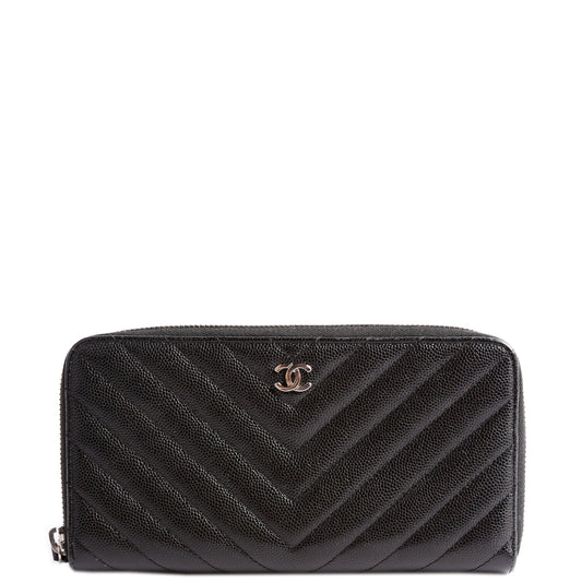 Chanel Chevron Caviar Large Gusset Zip Around Wallet 24M Black