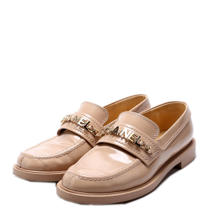 Chanel Chain Logo Shiny Calfskin Loafers Size 37 Nude