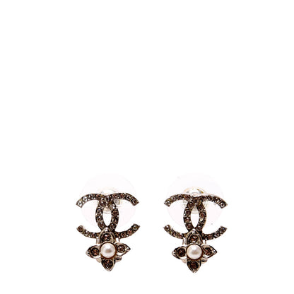 Chanel CC Crystal Flore Stud Earrings Silver/Pearl