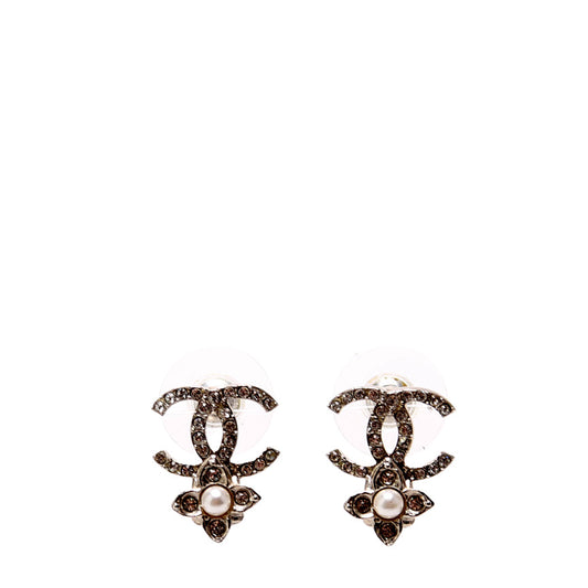 Chanel CC Crystal Flore Stud Earrings Silver/Pearl