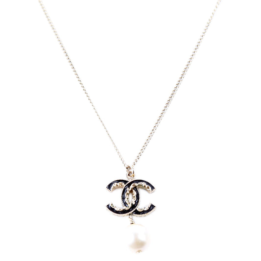 Chanel CC Enamel Faux Pearl Drop Necklace Gold/Pearl