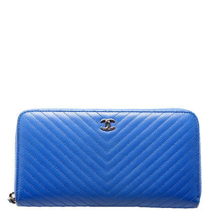 Chanel Chevron Zip Around Wallet Blue