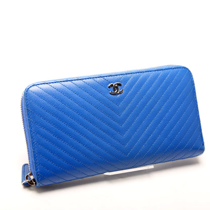 Chanel Chevron Zip Around Wallet Blue
