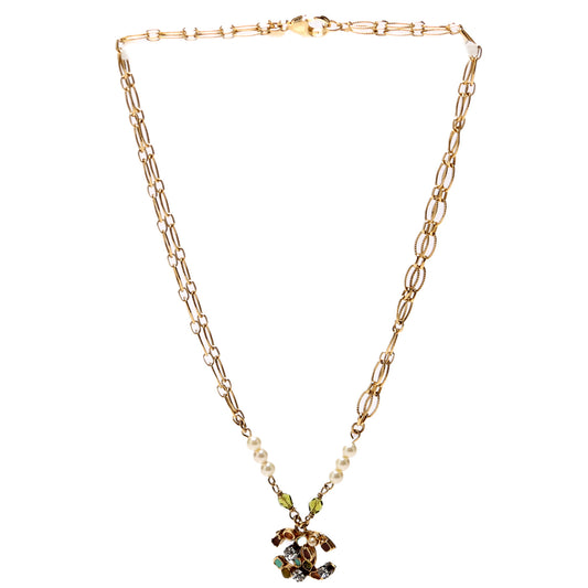 Chanel Beaded CC Double Chain Necklace Gold/Multicolor