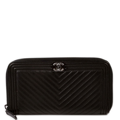 Chanel Boy Wallet Zip Around Chevron Lambskin 21M