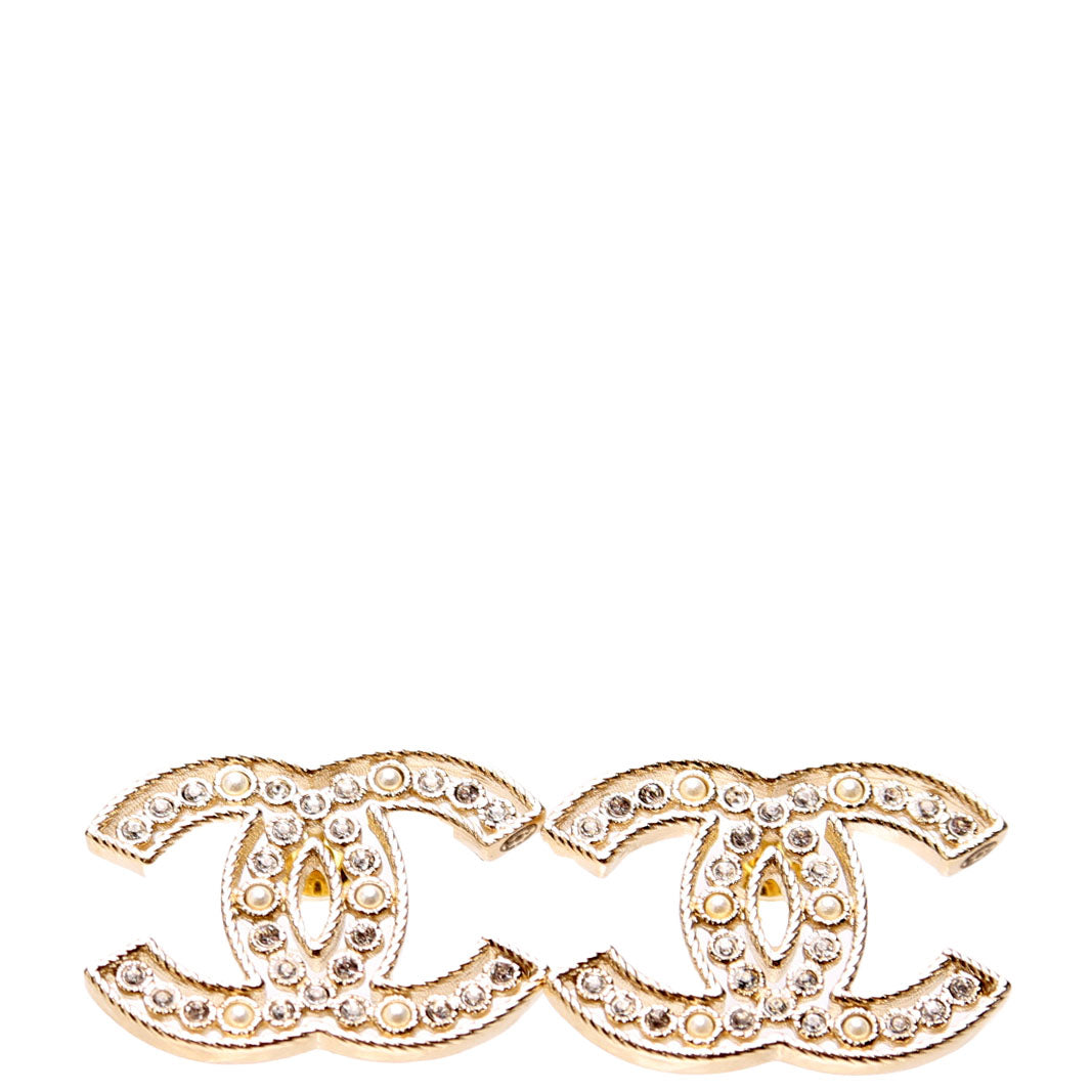 Chanel Crystal CC Stud Earrings Gold/Pearl