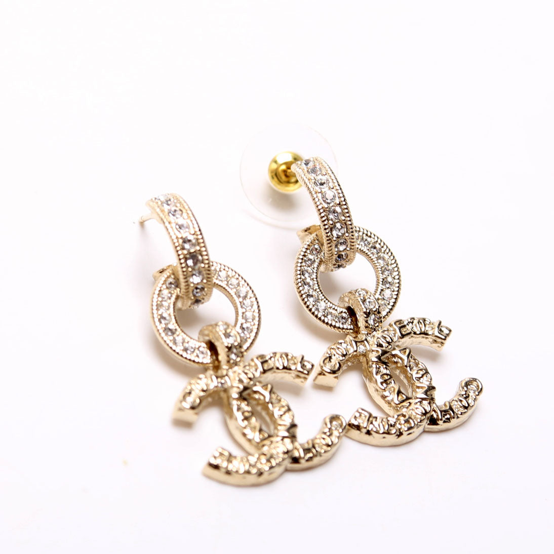 Chanel Crystal CC Hoop Drop Earrings Champagne