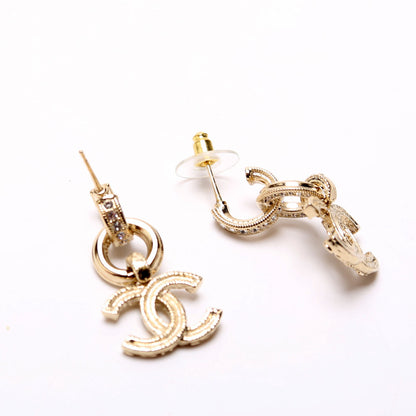 Chanel Crystal CC Hoop Drop Earrings Champagne