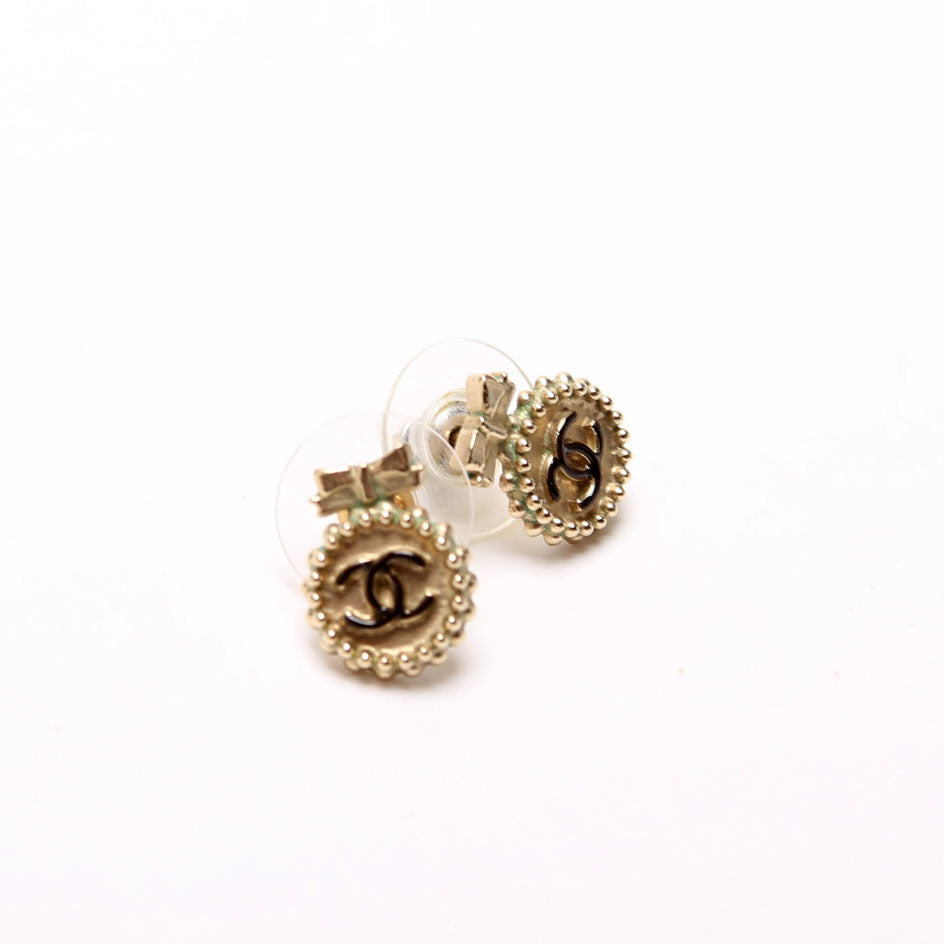 Chanel CC Bow Round Stud Earrings Gold/Black