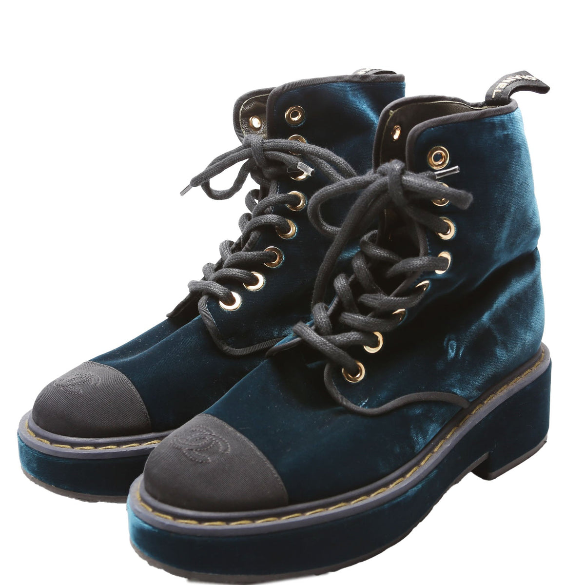 Chanel Captoe CC Velvet Combat Boots Size 38.5