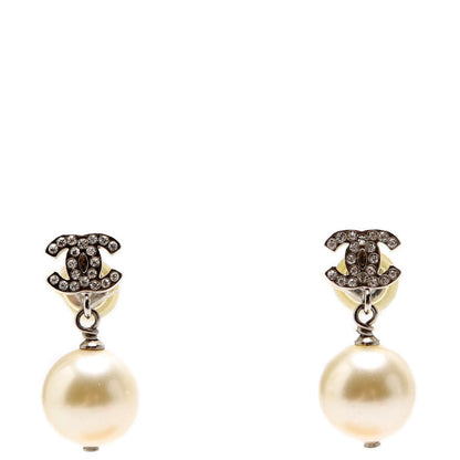 Chanel Crystal CC Pearl Drop Earrings Silver
