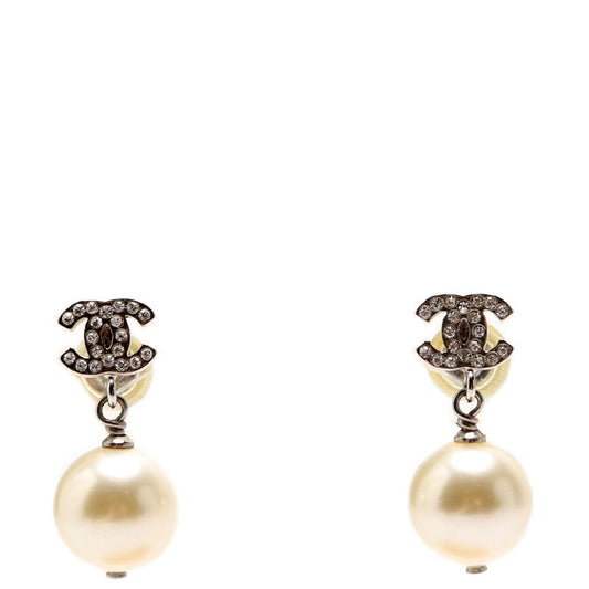 Chanel Crystal CC Pearl Drop Earrings Silver