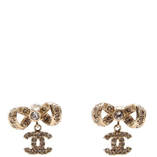 Chanel Crystal Bow CC Drop Earrings Gold