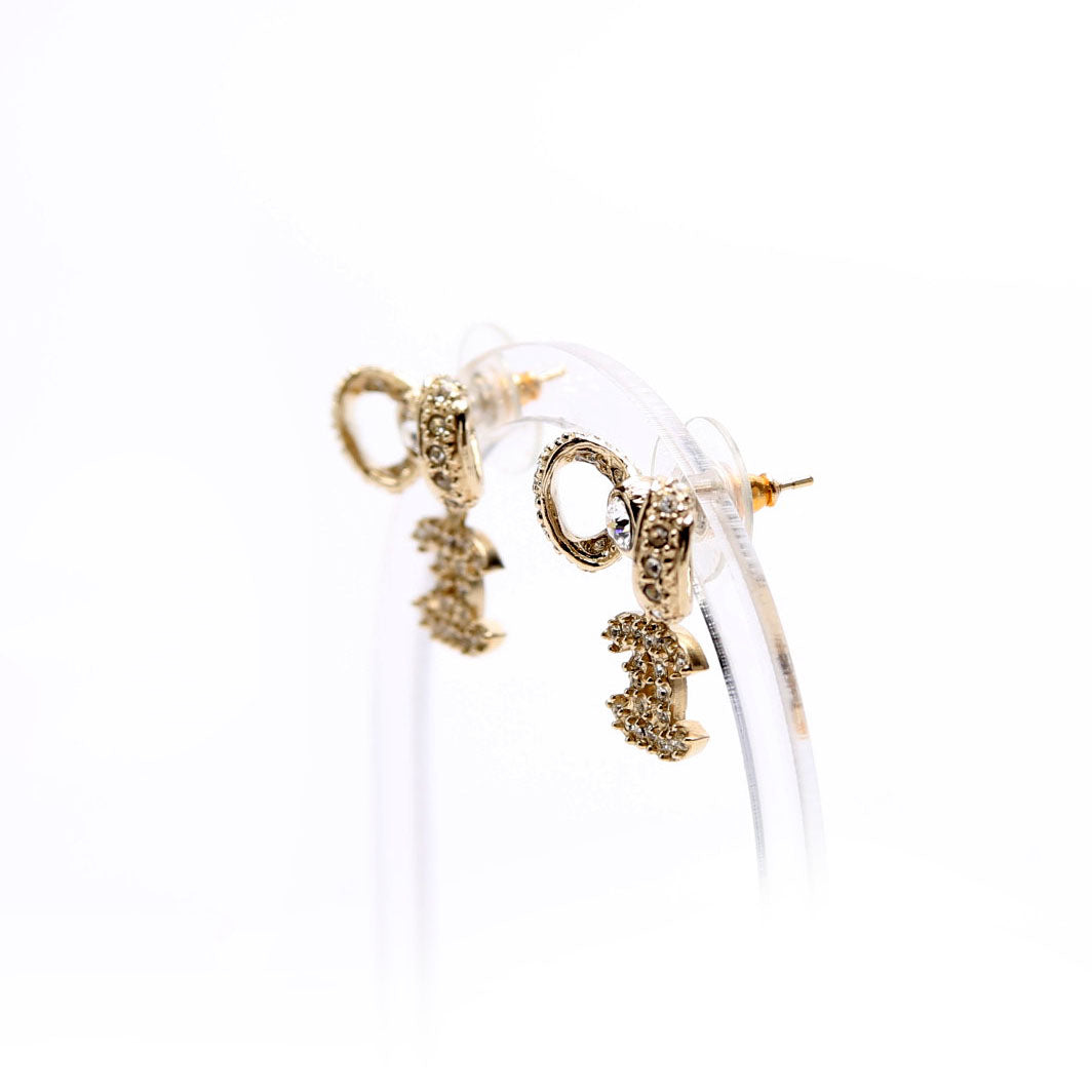 Chanel Crystal Bow CC Drop Earrings Gold
