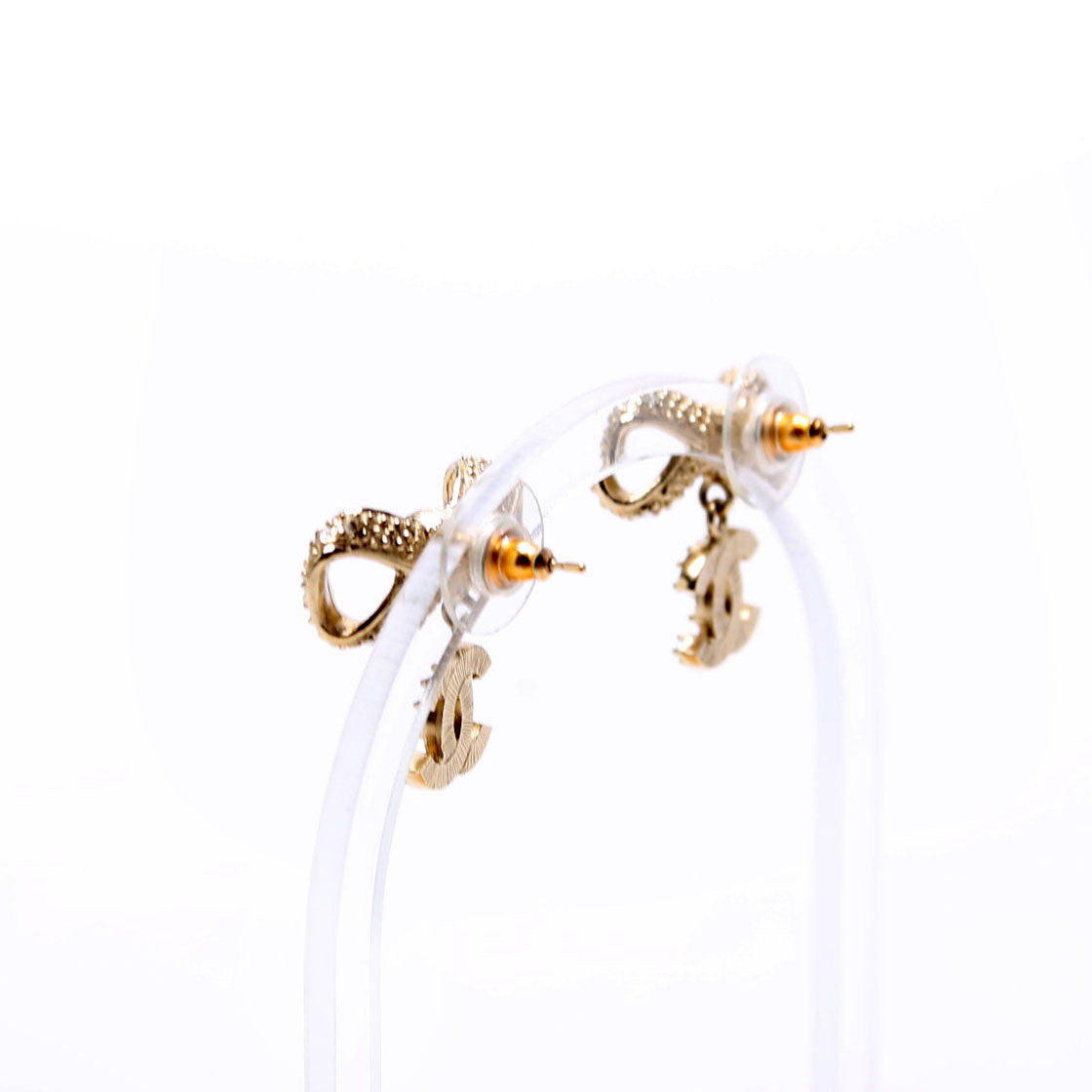 Chanel Crystal Bow CC Drop Earrings Gold