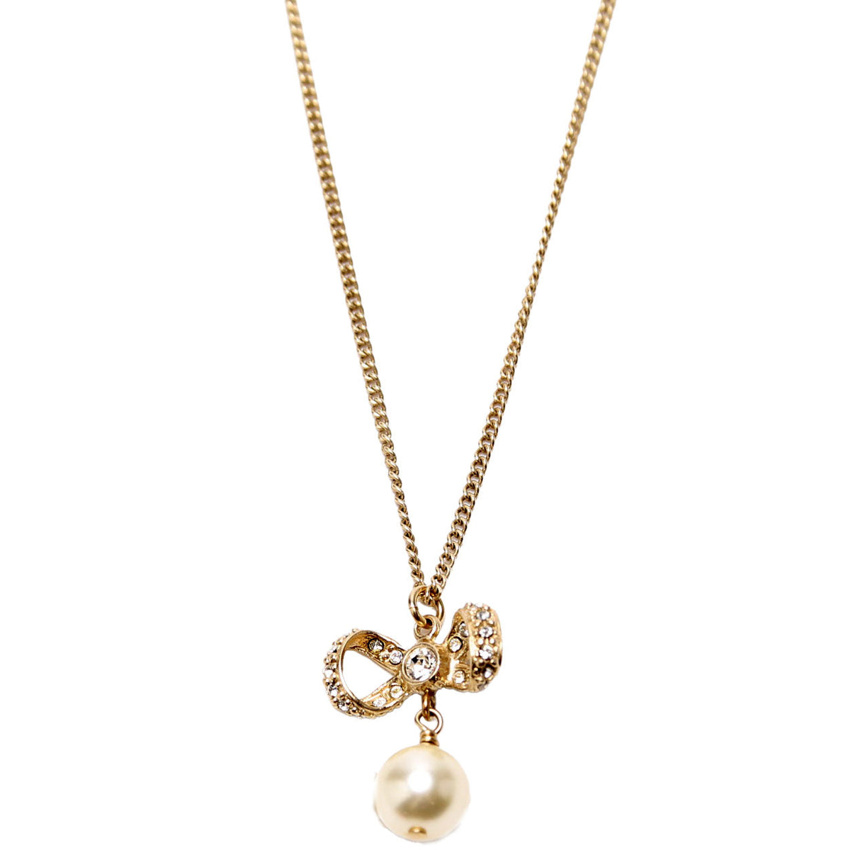 Chanel Crystal Bow CC Pearl Drop Necklace Gold