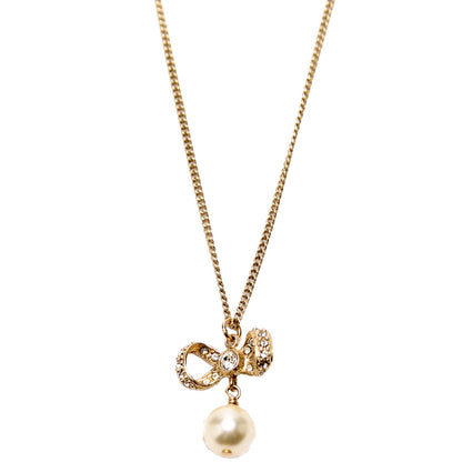 Chanel Crystal Bow CC Pearl Drop Necklace Gold