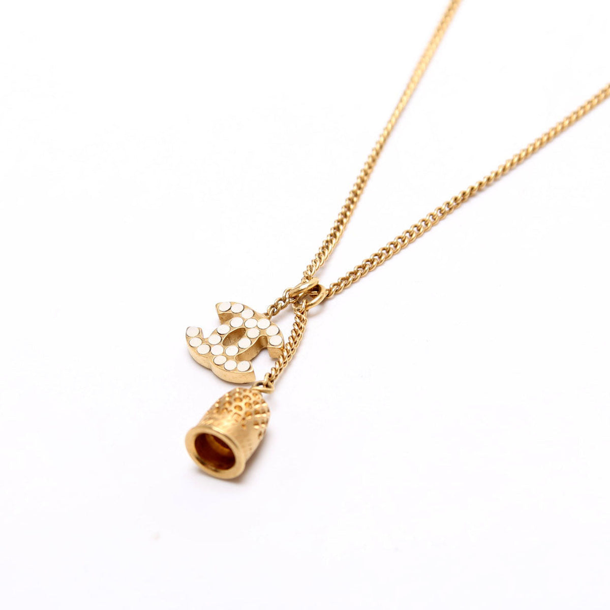 Chanel CC Rhinestone Thimble Necklace Gold